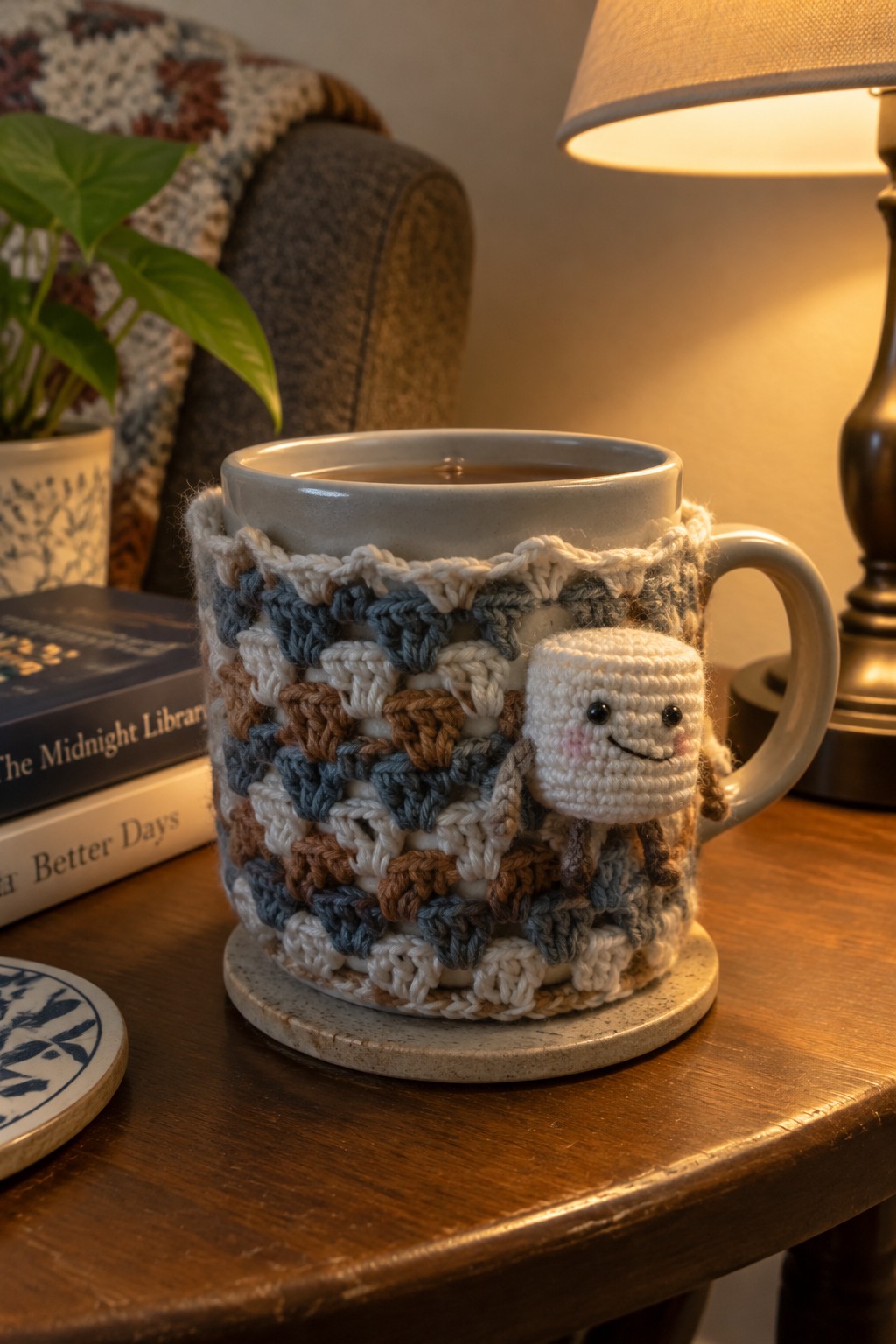 Mug in colorful crochet cozy with cute marshmallow figure on wooden table