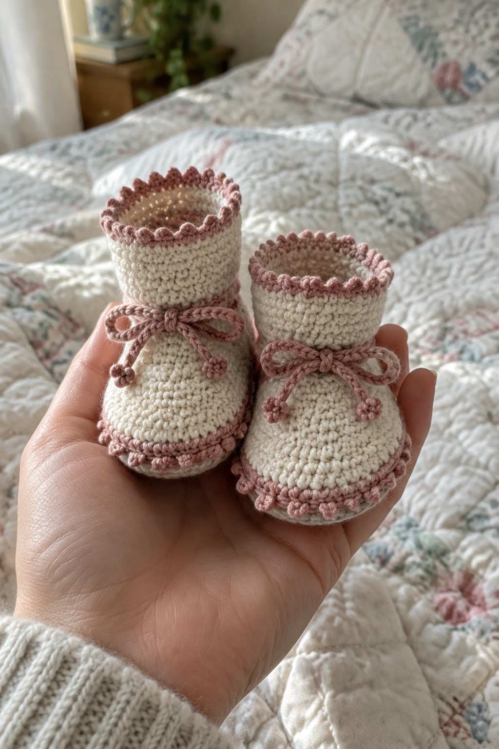 Hand holding two white knitted baby booties with pink trim and bows