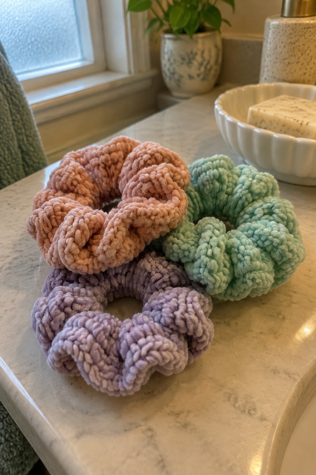 Three fuzzy pastel scrunchies in pink, green, and purple on marble counter