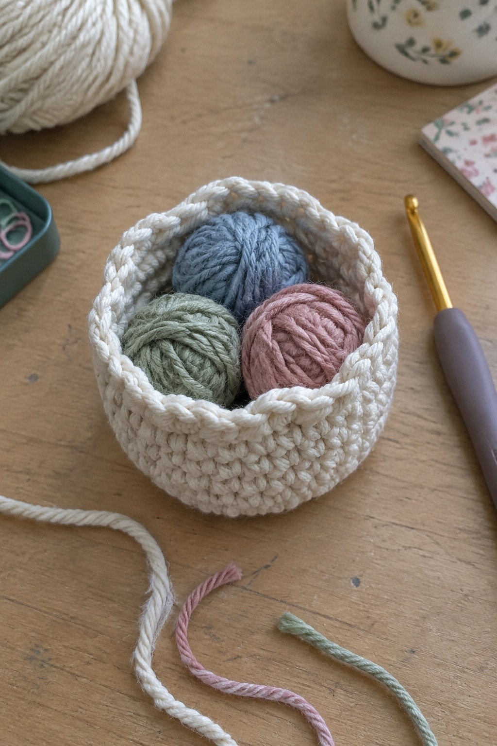 A small white crocheted basket holding three colorful yarn balls sits on a wooden table next to a crochet hook.