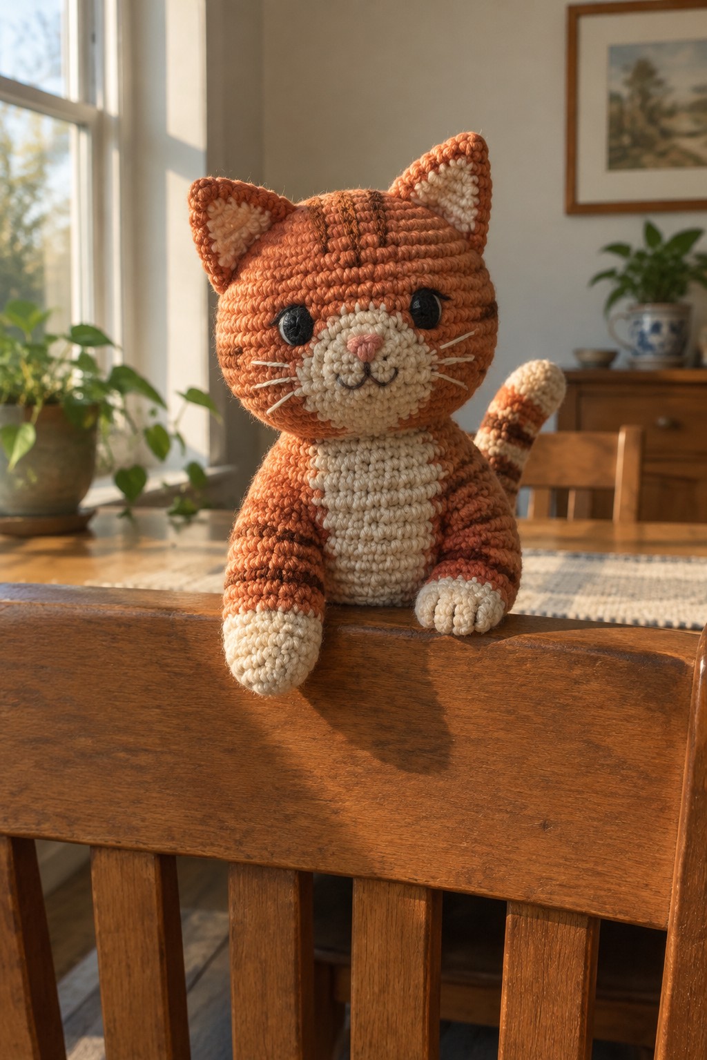 Orange crocheted tabby cat perched on wooden chair in sunlit room