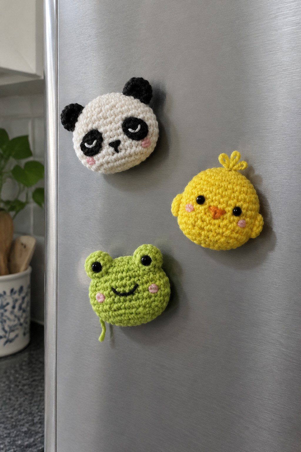 Three crocheted animal magnets—a panda, chick, and frog—on a refrigerator.