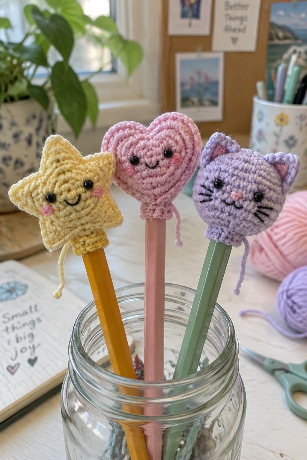 Crocheted yellow star, pink heart, and purple cat pencil toppers in glass jar