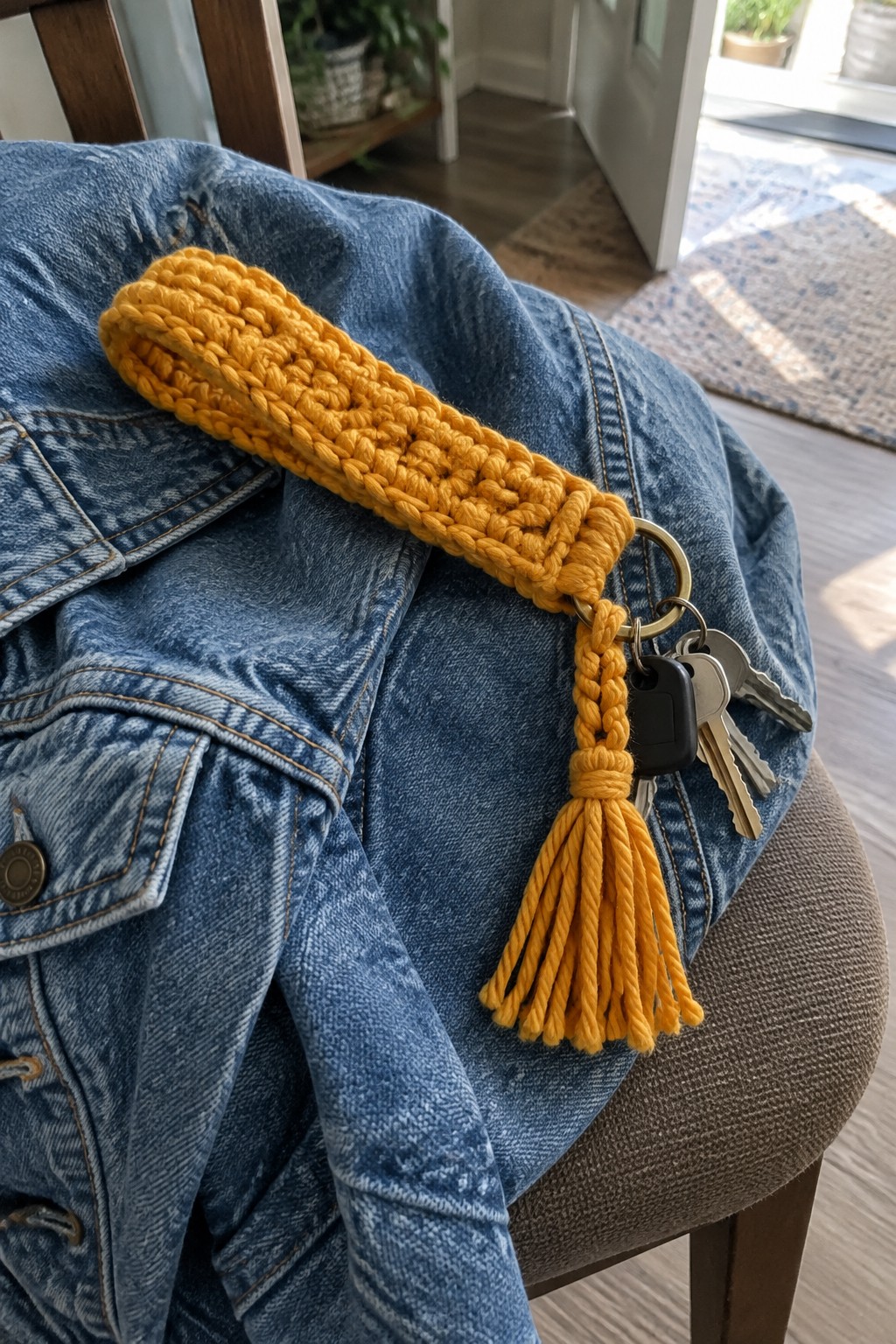 Yellow crocheted wristlet with tassel and keys on blue denim jacket