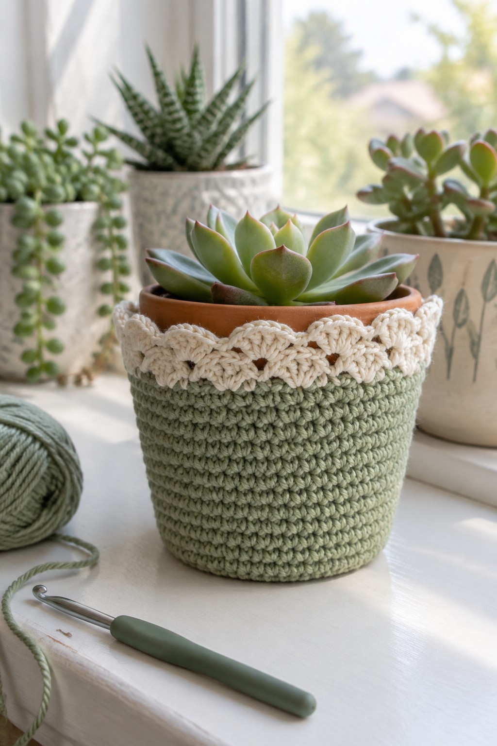 A green crocheted cozy with a cream scalloped border covers a terracotta succulent pot on a windowsill beside a crochet hook and yarn ball.