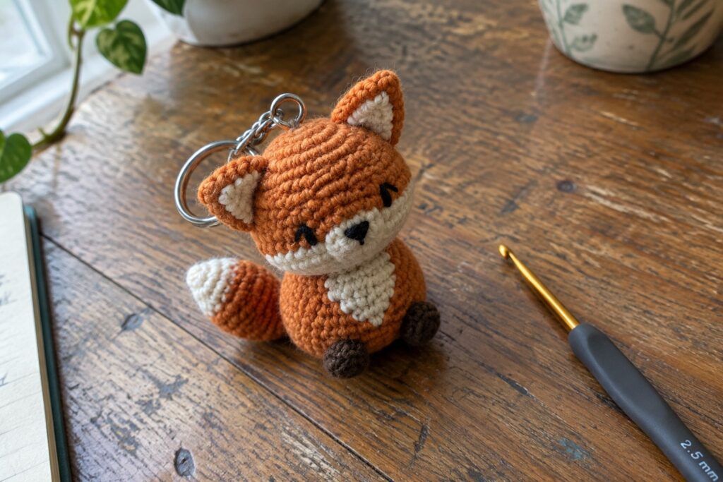 A small crocheted orange fox keychain with white and brown details rests on a wooden table beside a crochet hook.