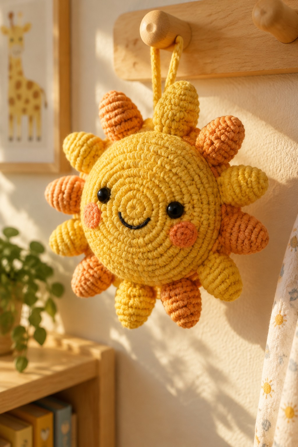 A crocheted yellow sun with orange rays and a smiling face hangs from a wooden peg on a wall.
