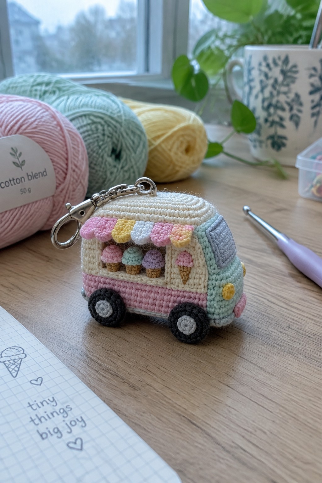 Pastel crocheted ice cream truck keychain on wooden table with yarn and hook