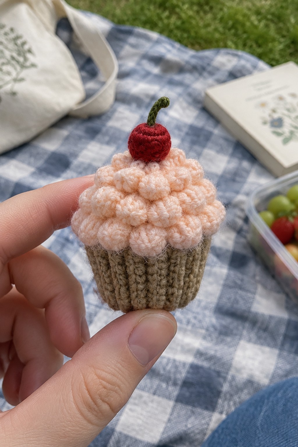 Hand holding crocheted peach cupcake with red cherry on blue gingham blanket