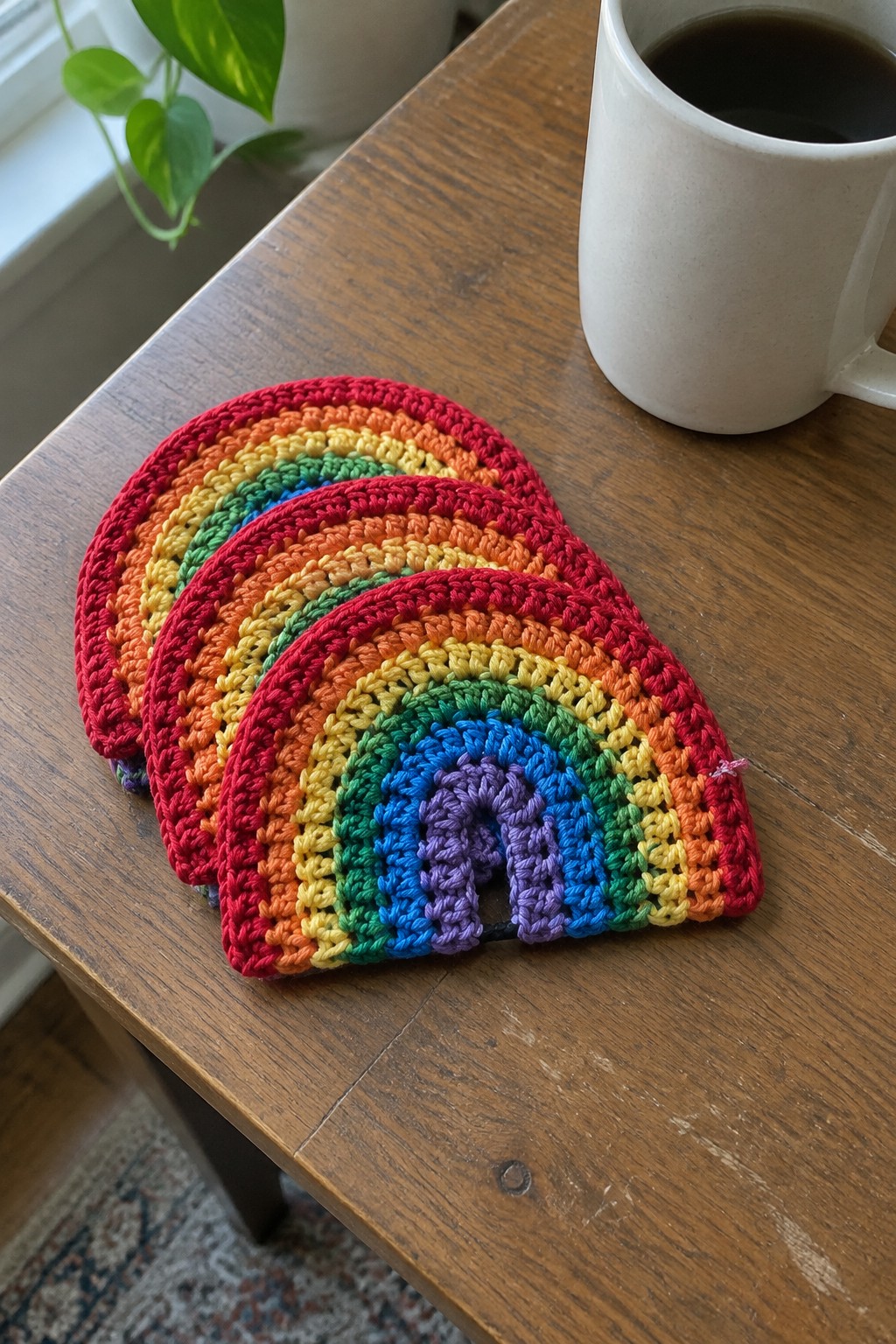 Three rainbow crocheted coasters on a wooden table beside a white coffee mug