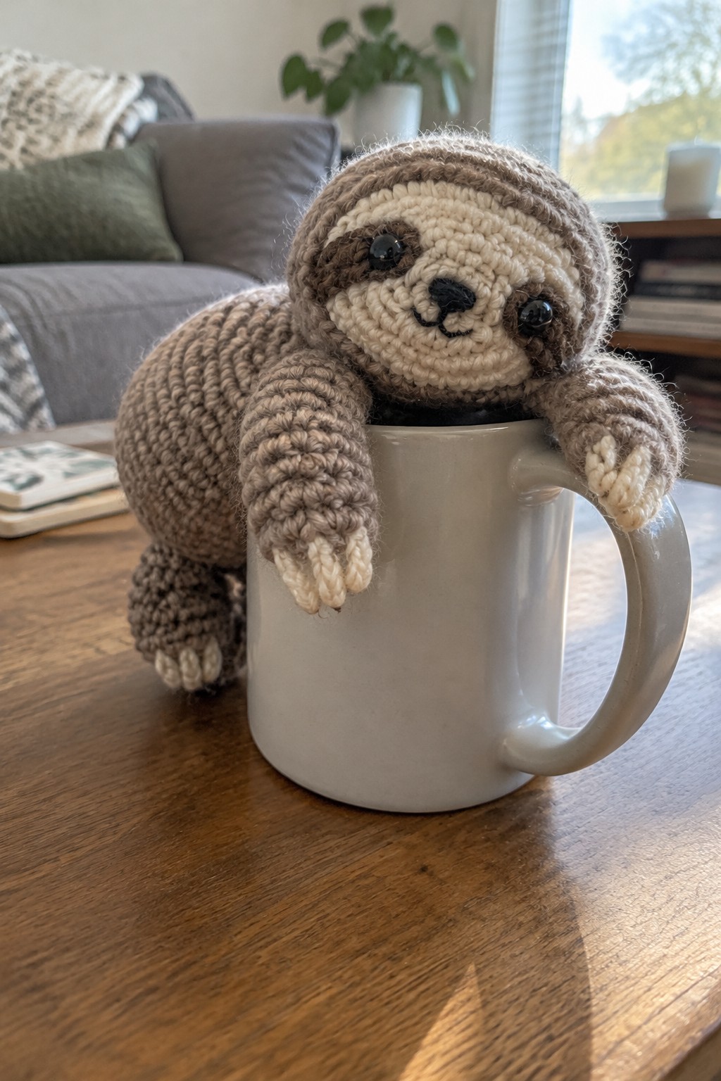 Crocheted brown sloth plush draped over white mug on wooden table