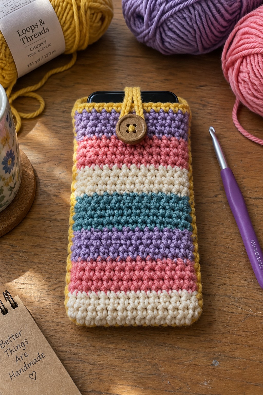 Striped crocheted phone pouch with button amid yarn balls, hook, and supplies on wood
